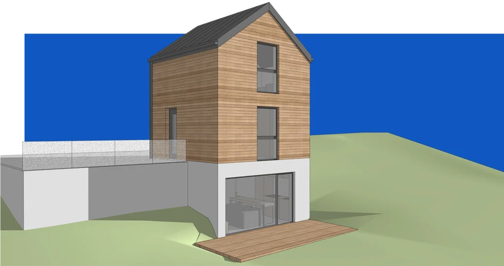 Bočný pohľad na chatu v Budatíne s terasou a svahovitým terénom